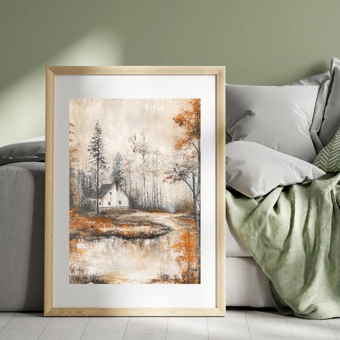 Tranquil Lakeside Autumn Cottage With Golden Reflection Art Print - Image 2