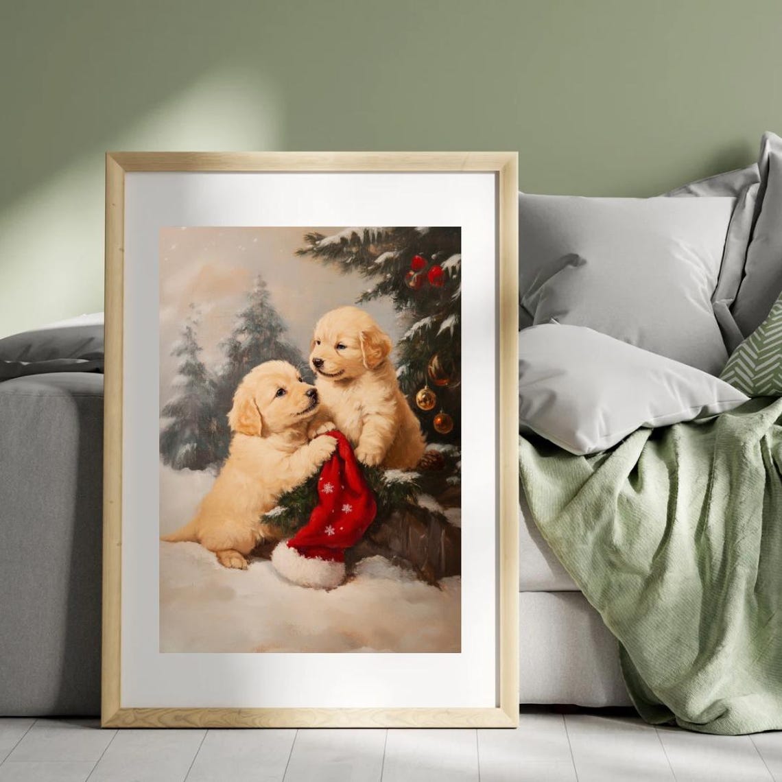 Vintage Christmas Golden Retriever Puppies Wall Art Festive Christmas Wall Decor Of Two Playful Golden Puppies In A Winter Forest - Image 4