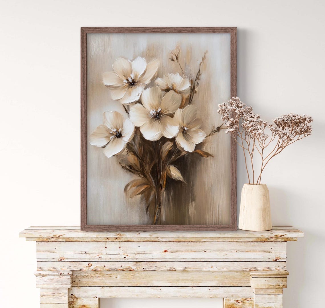 White and Cream Blossoms on Branch Neutral Botanical Wall Art Print - Image 4