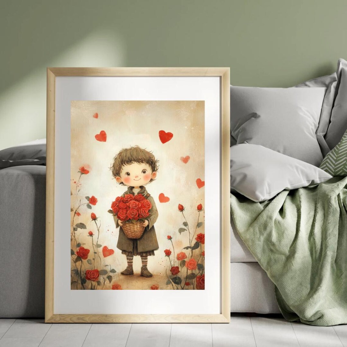 Valentines Wall Art Print Of A Little Boy With A Basket Of Roses Surroudned By Red Heart And Rose Flowers Kids Valentines Gift - Image 6