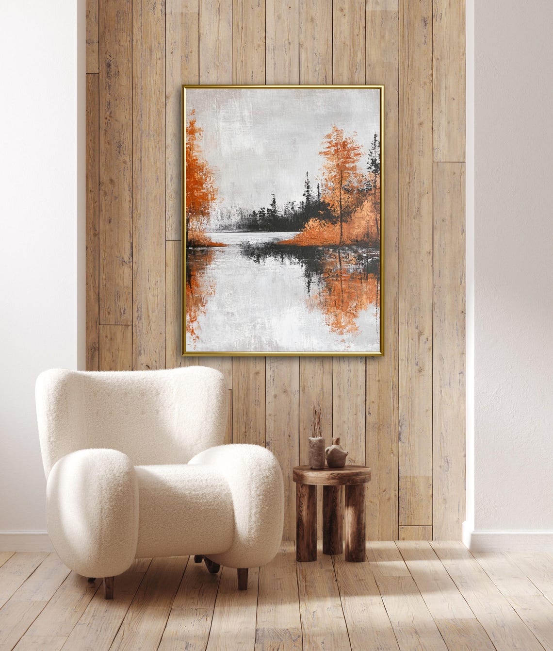 Fiery Autumn Forest Reflected In Still Lake Abstract Art Print - Image 3