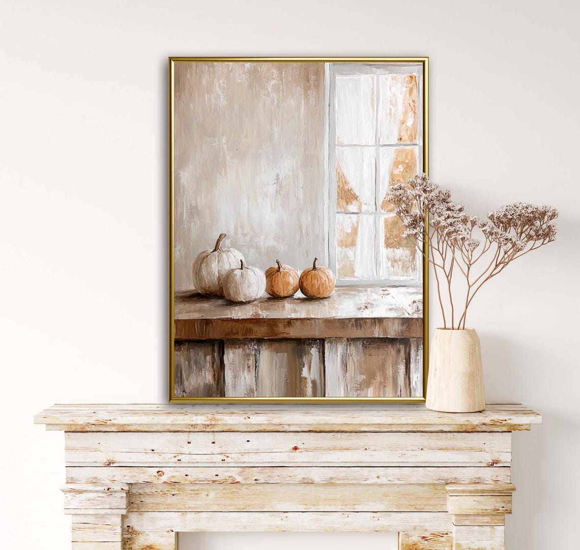 Fall White And Orange Pumpkins On Farmhouse Windowsill Art Print - Image 4