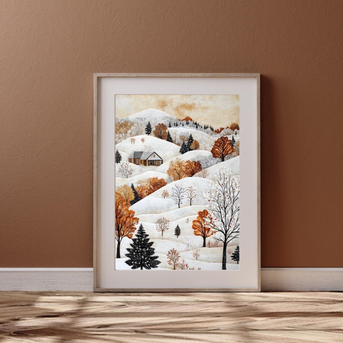 Folk Art Snowy Hillside Farmhouse In Winter Landscape Art Print - Image 4