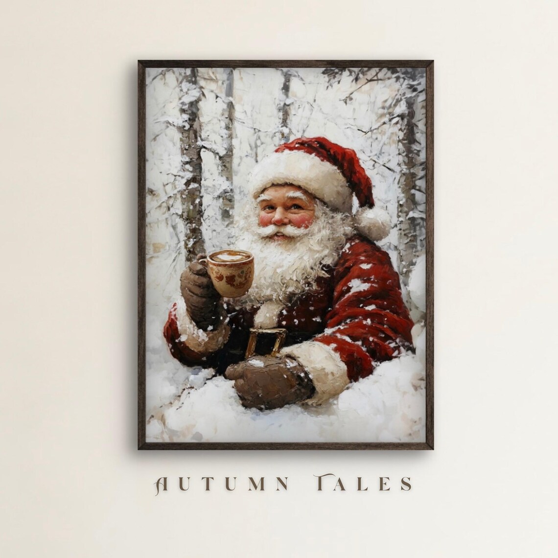 Vintage Santa Having Coffee Art Print, Winter Landscape
