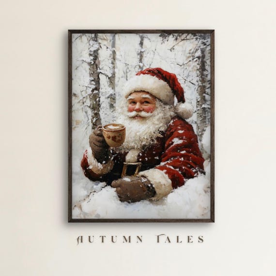 Vintage Santa Having Coffee Art Print, Winter Landscape