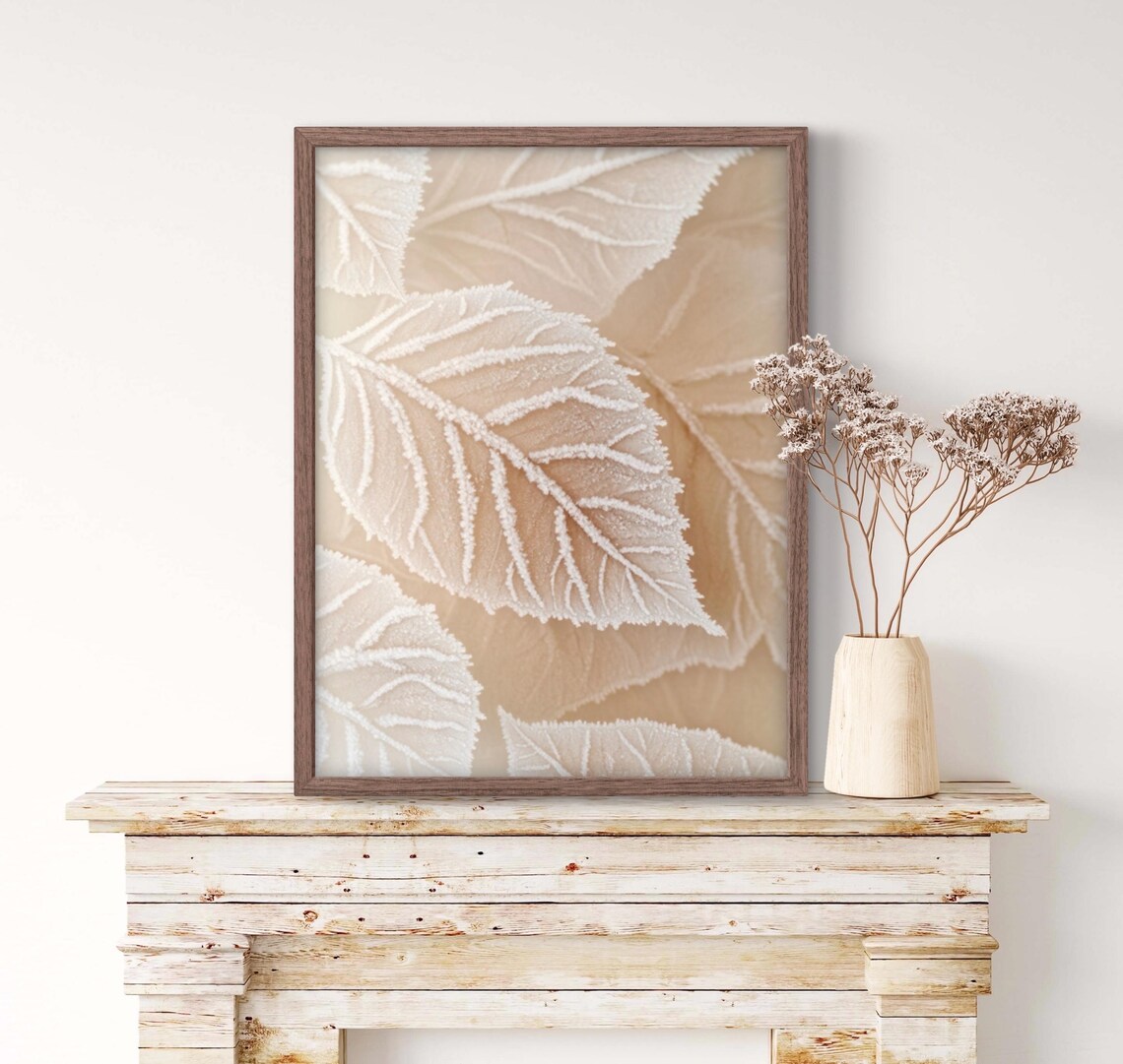 Winter Frosty Leaves Macro Botanical Neutral Leaf Art Poster - Image 2