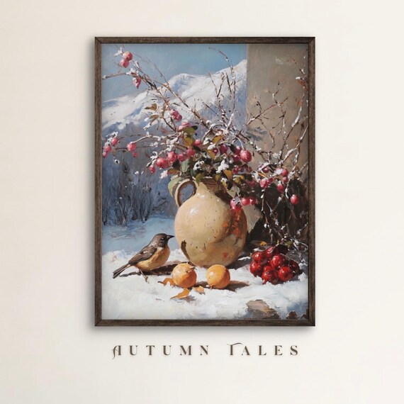 Winter Still Life Vase Of Snowy Red Berries With Little Bird Snow Art Print