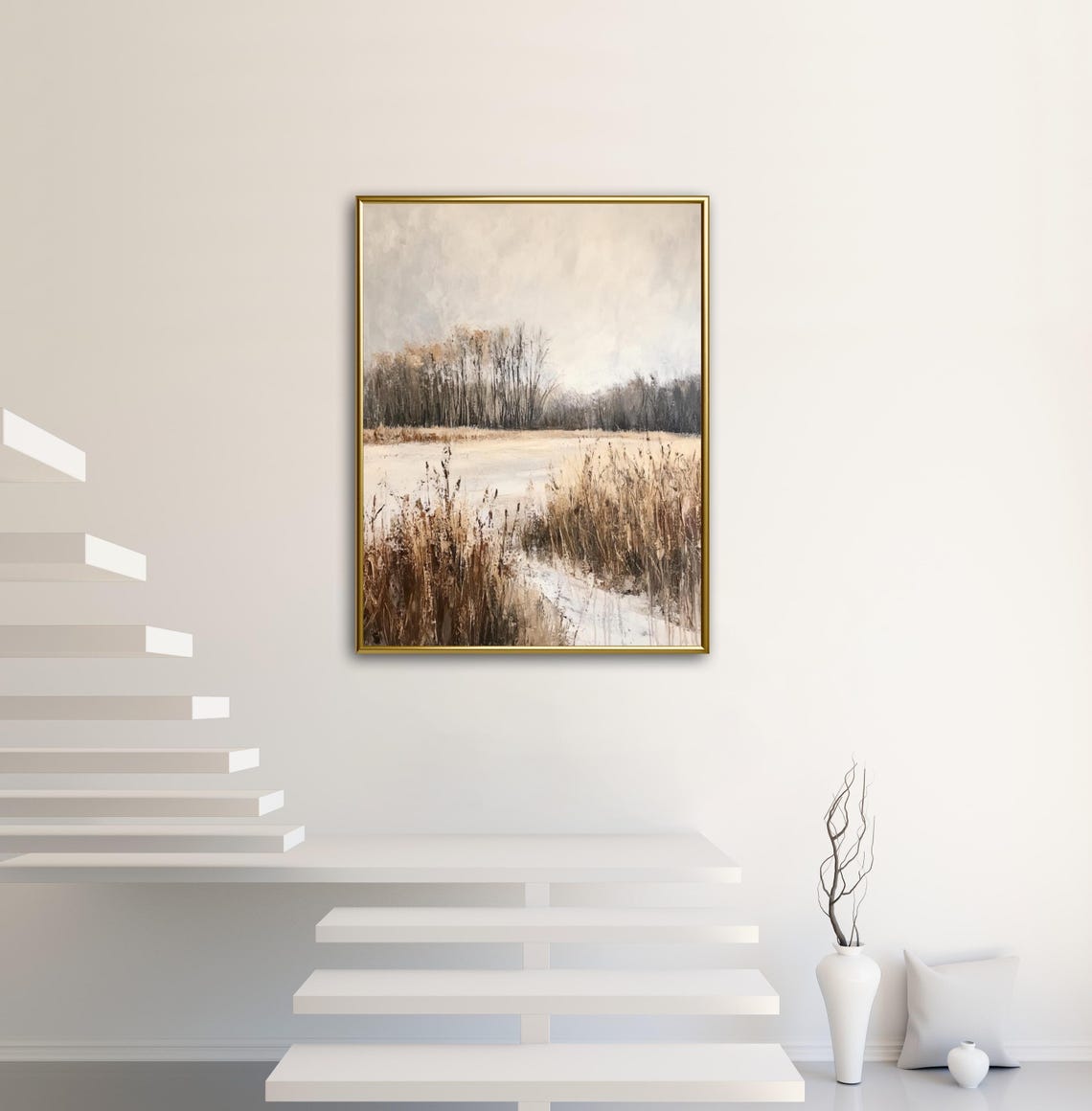 Calm Neutral Autumn Wheat Field With Reeds Minimalist Art Print - Image 2