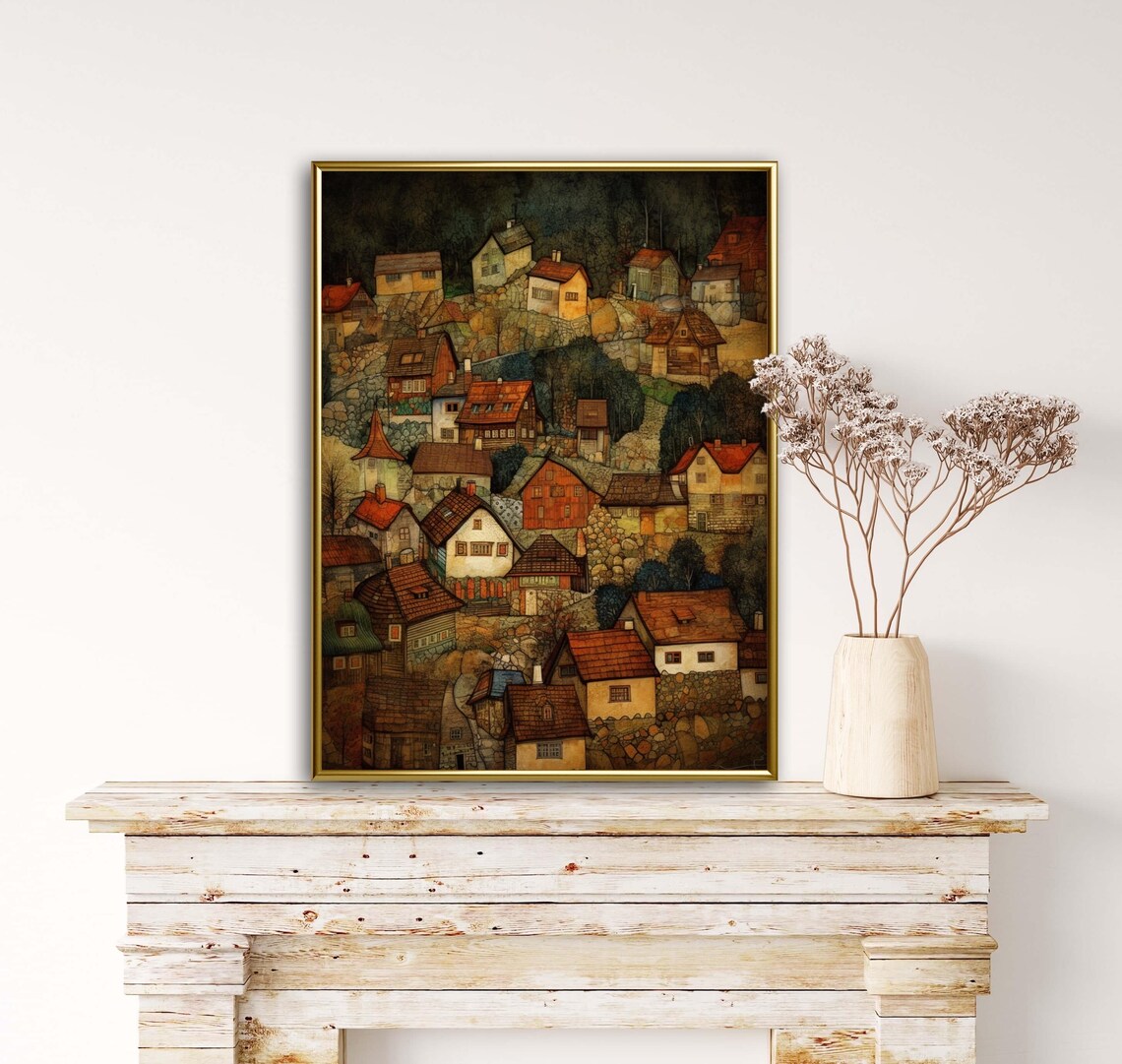 Whimsical Hillside Village Red Roof Houses Earthy Painting Poster - Image 4