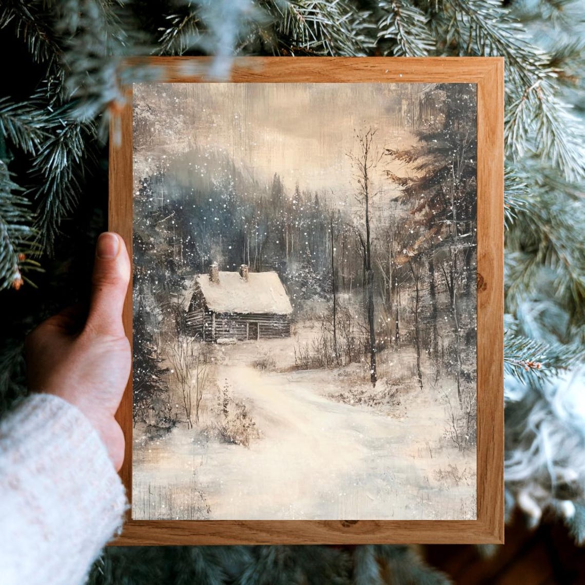 Moody Snow Covered Forest Cabin Winter Woodland Landscape Poster - Image 5