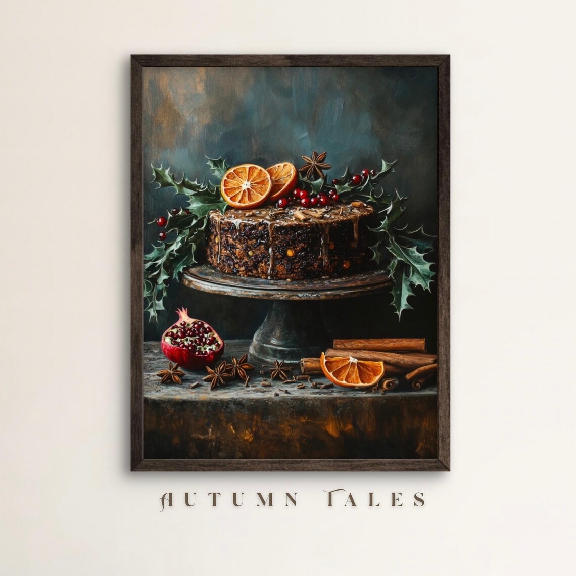 Christmas Fruit Cake Art Print, Moody Kitchen Decor