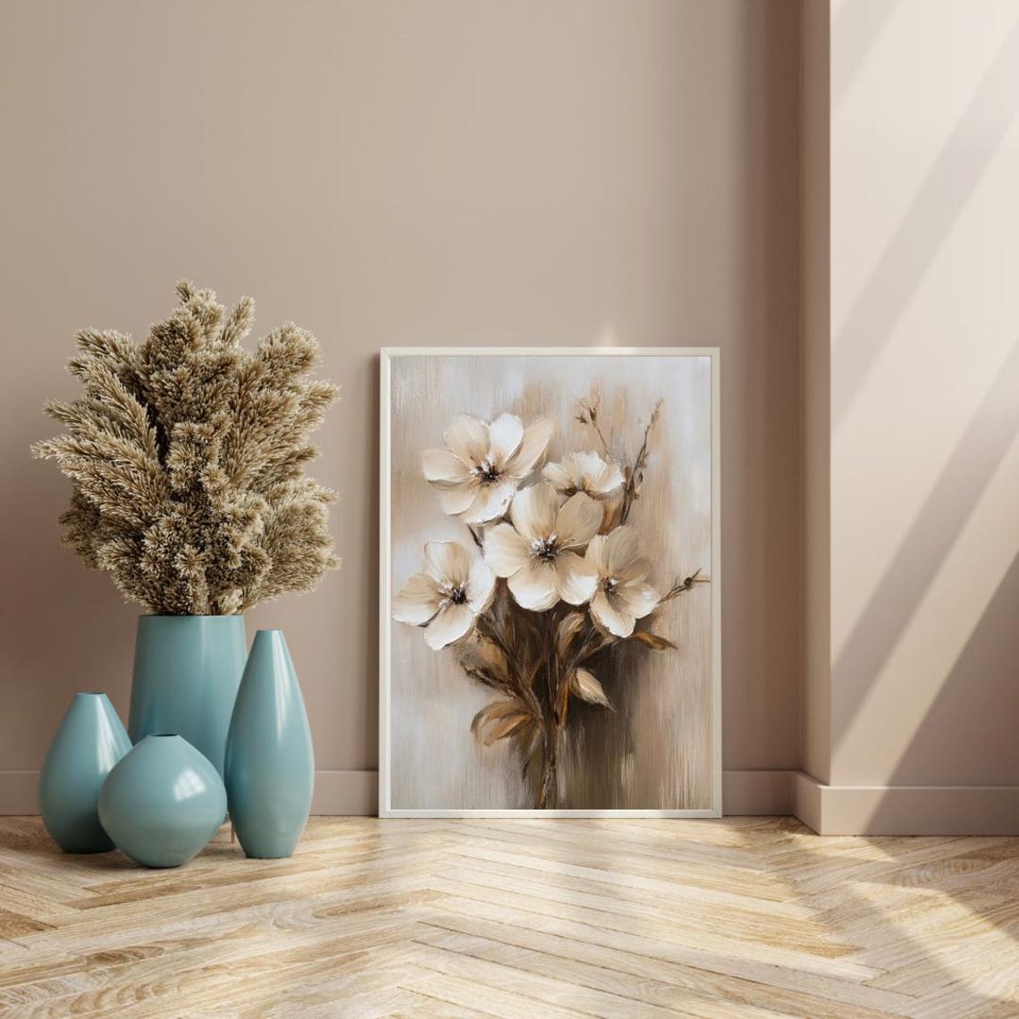 White and Cream Blossoms on Branch Neutral Botanical Wall Art Print - Image 2