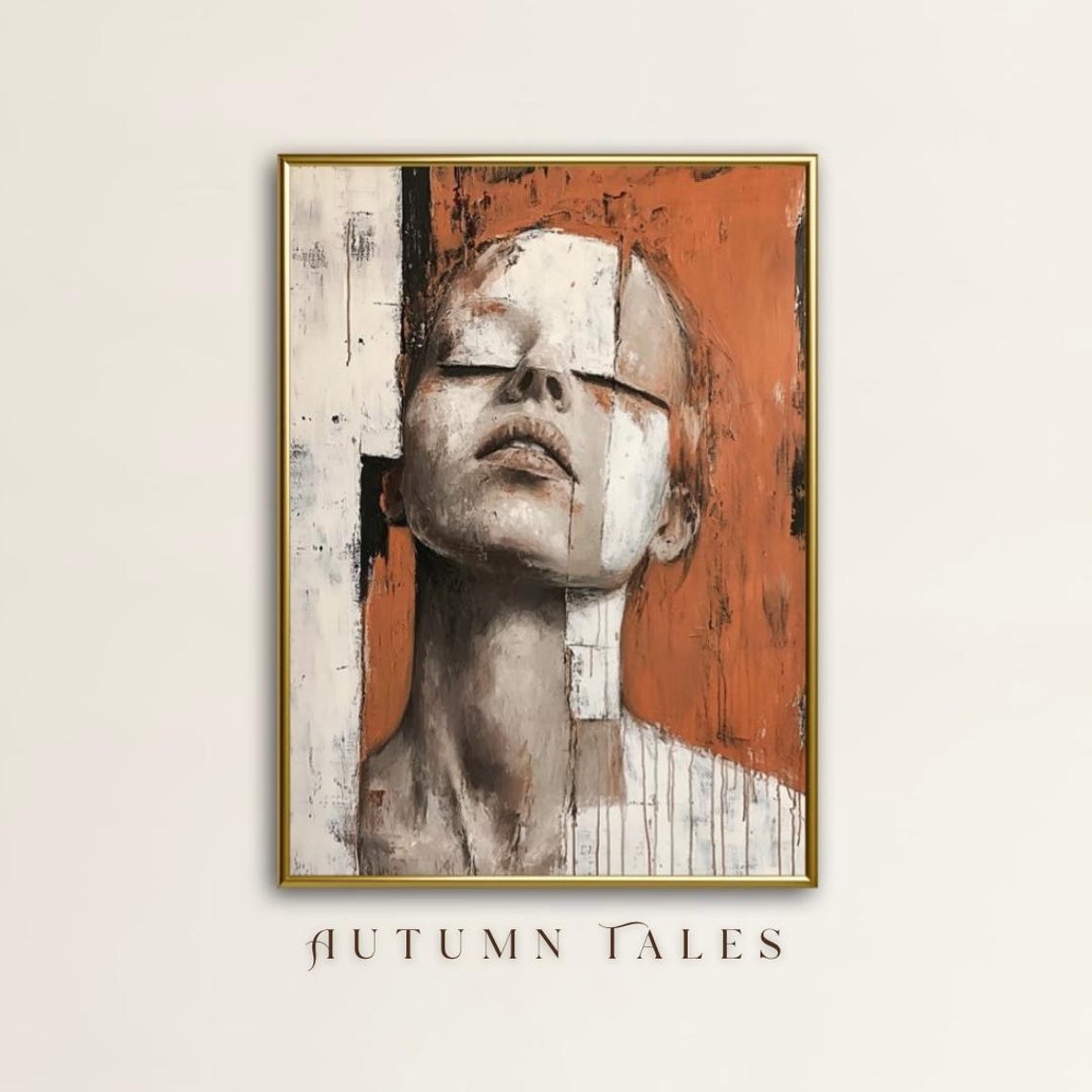 Modern People Art Woman Abstract Portrait Wall Art Print Rustic White And Burnt Orange Minimalist Home Decor