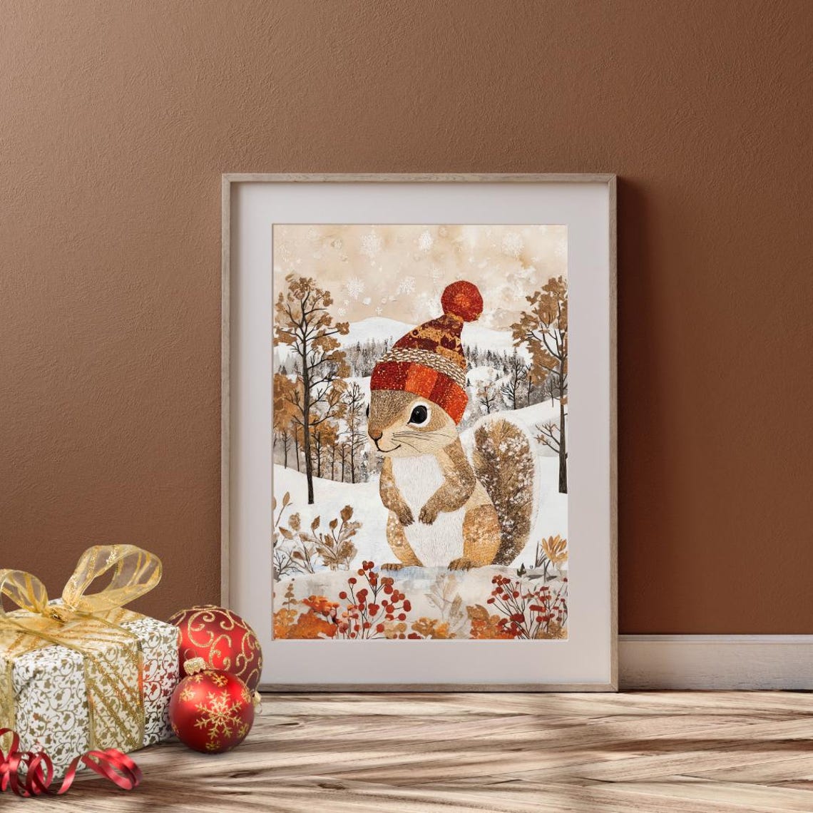 Cute Squirrel Red Beanie Hat Snowy Forest Winter Animal Poster - Image 6