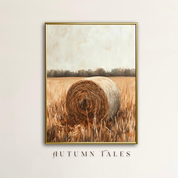 Rustic Hay Bale In Golden Autumn Field Minimalist Farmhouse Landscape Print