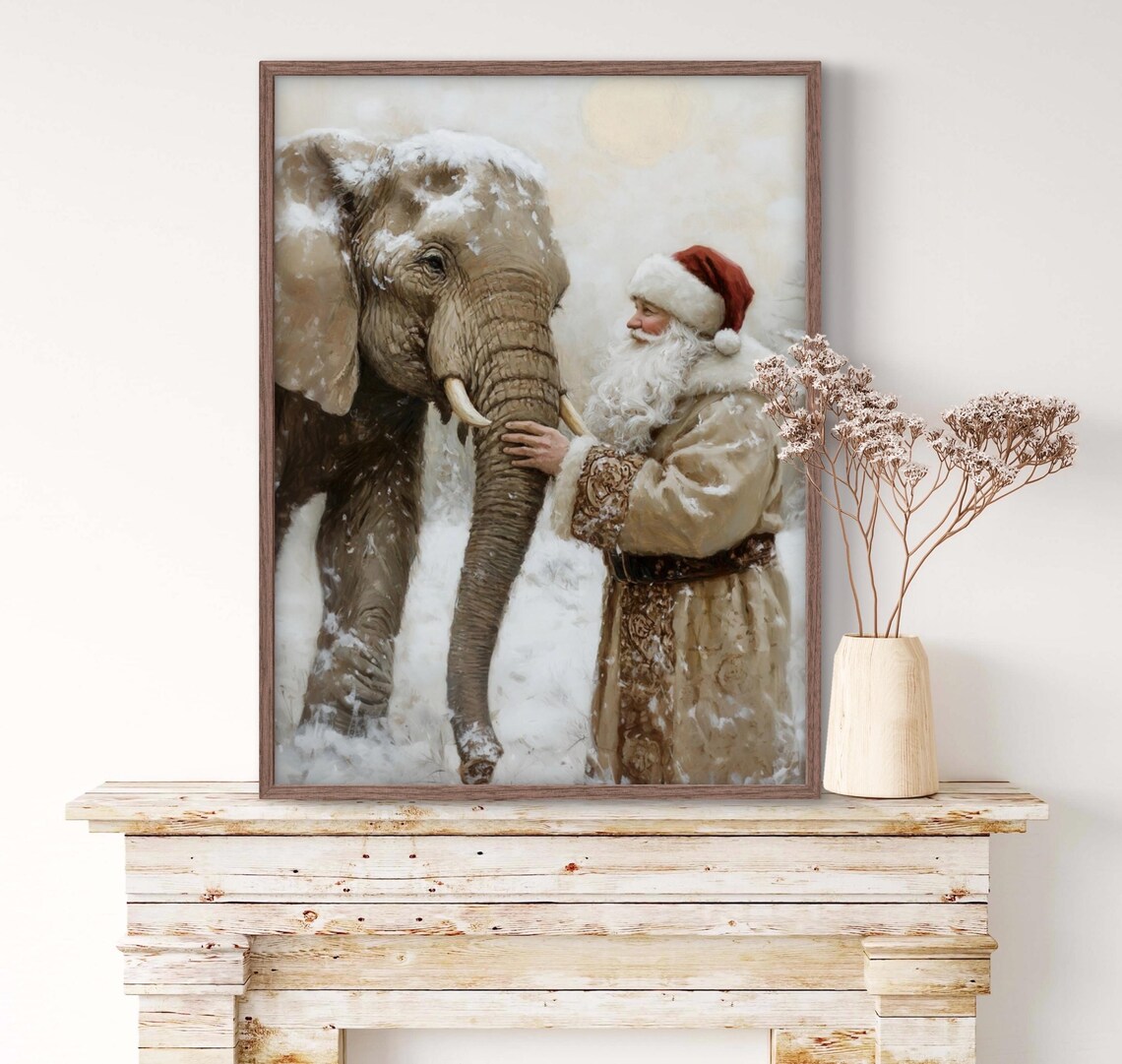 Santa And Elephant Reunion Christmas Poster, Holiday Decor - Image 2