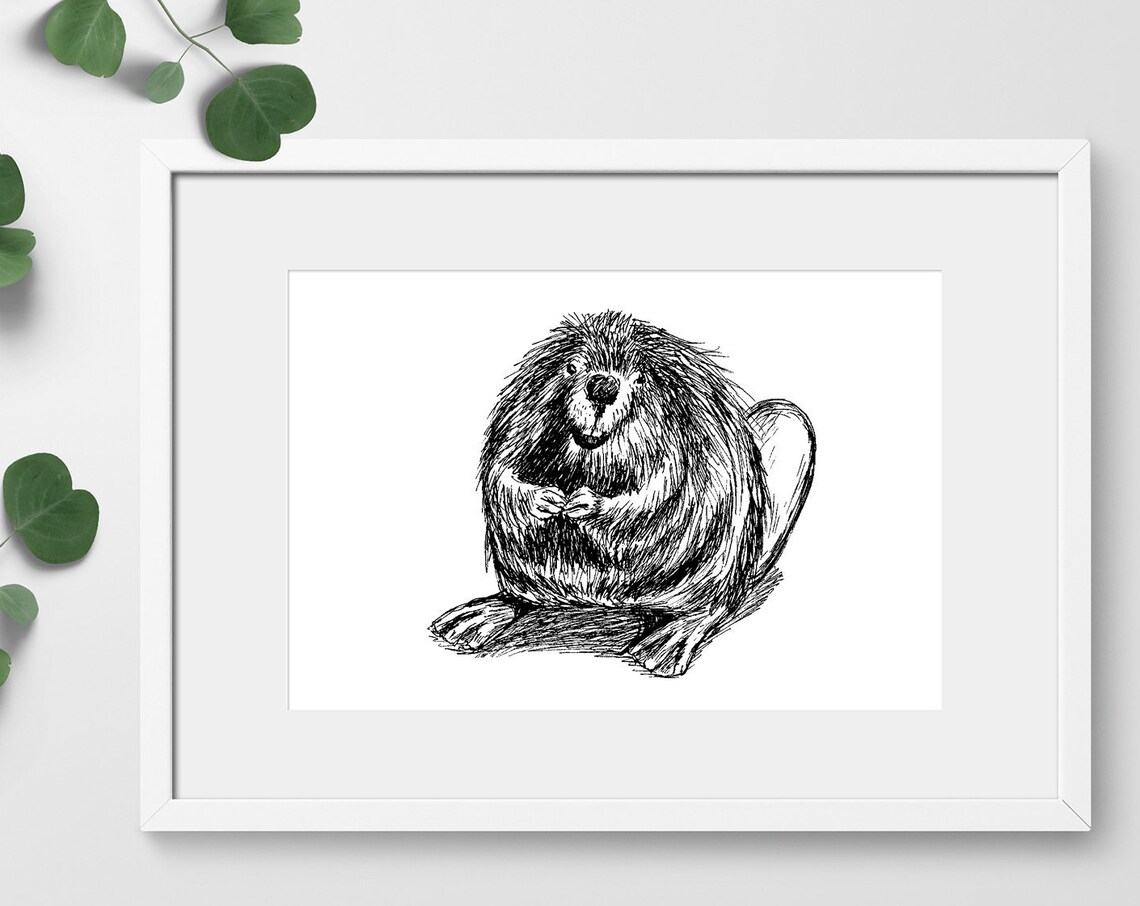 Cute Beaver Ink Sketch Kids Room Nursery Animal Wall Decor Poster - Image 2