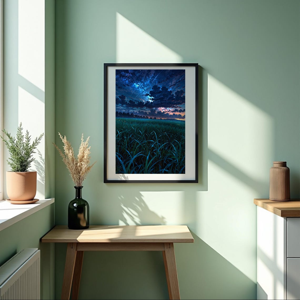 Anime Night Sky Meadow Print Starry Landscape Art