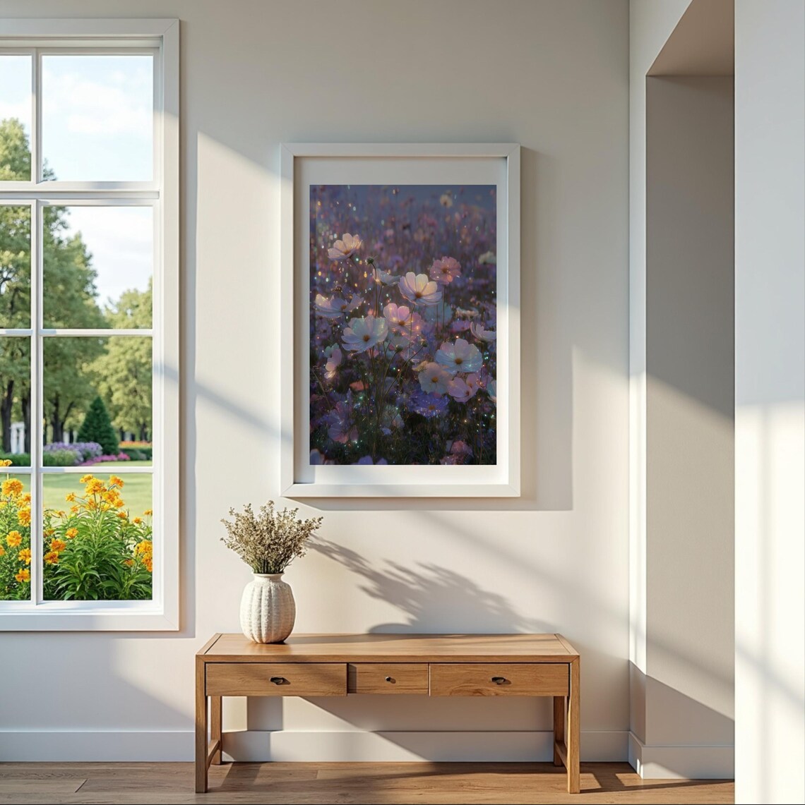 Glowing Cosmos Flowers Night Meadow Dreamy Floral Art Poster
