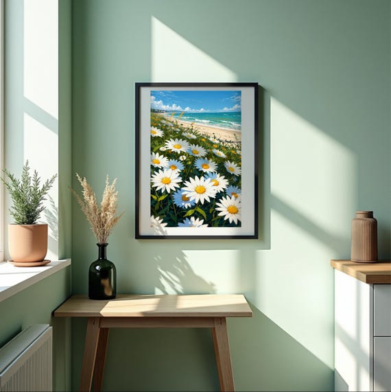 Daisy Beach Anime Art Print Floral Coastal Wall Decor