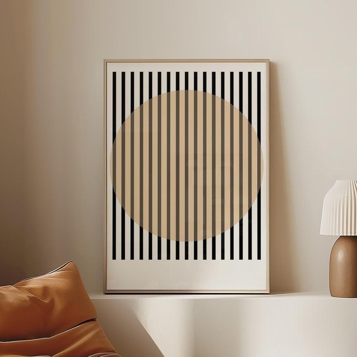 Minimalist Beige Sun Circle Black Vertical Stripe Art Poster - Image 4