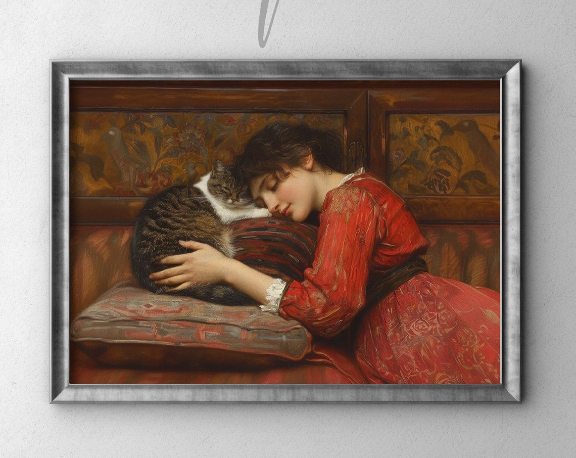 Victorian Woman Cuddling Tabby Cat Red Dress Classic Art Poster