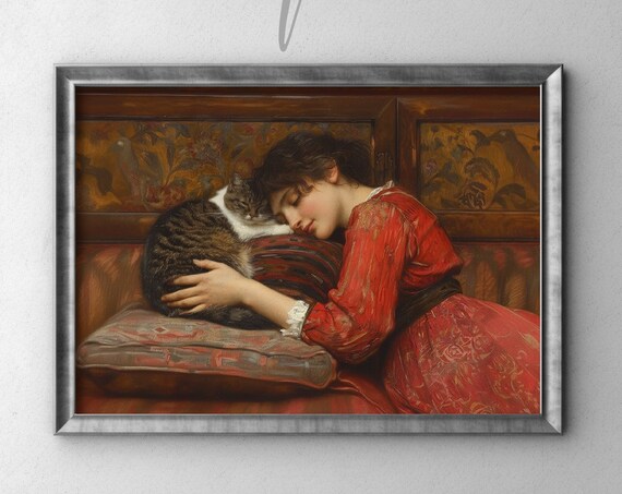 Victorian Woman Cuddling Tabby Cat Red Dress Classic Art Poster