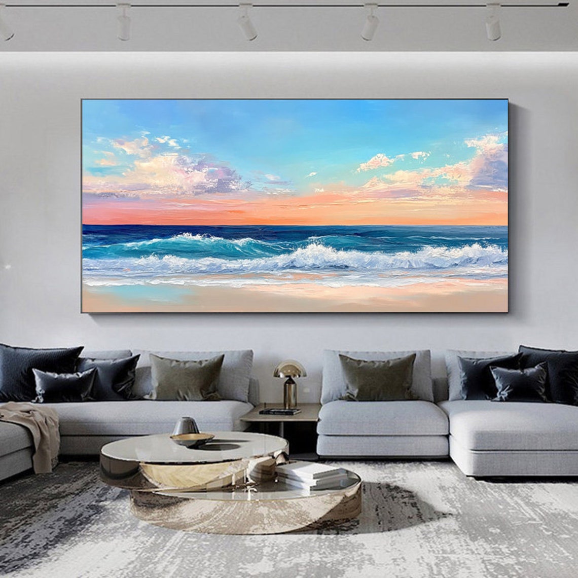 Pink Sunset Beach Waves Rolling Ocean Panoramic Seascape Art Poster - Image 4