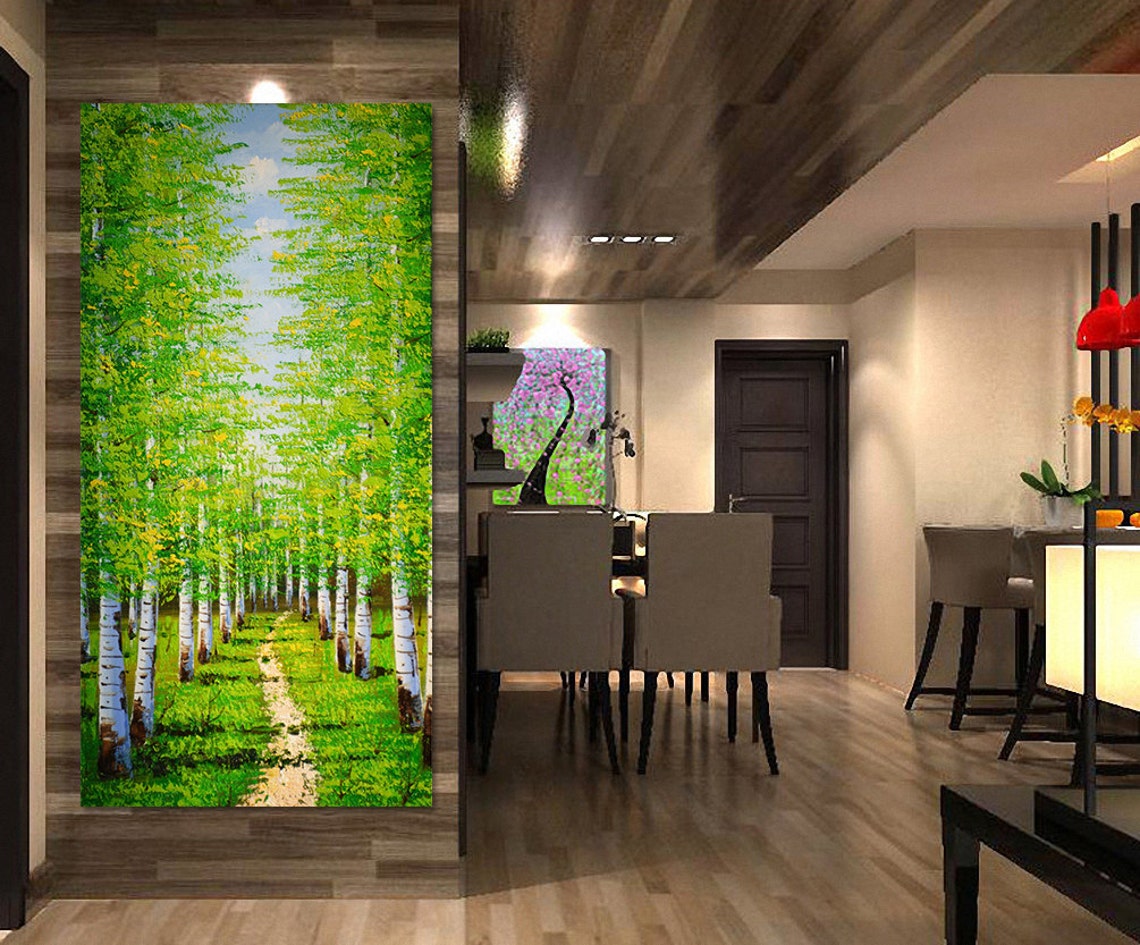 Green Birch Forest Path Tall Sunlit Palette Knife Landscape Poster - Image 4