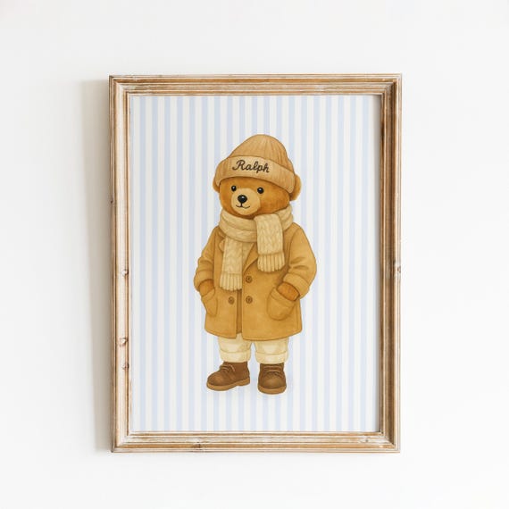 Winter Teddy Bear In Coat Blue Stripe Nursery Wall Art