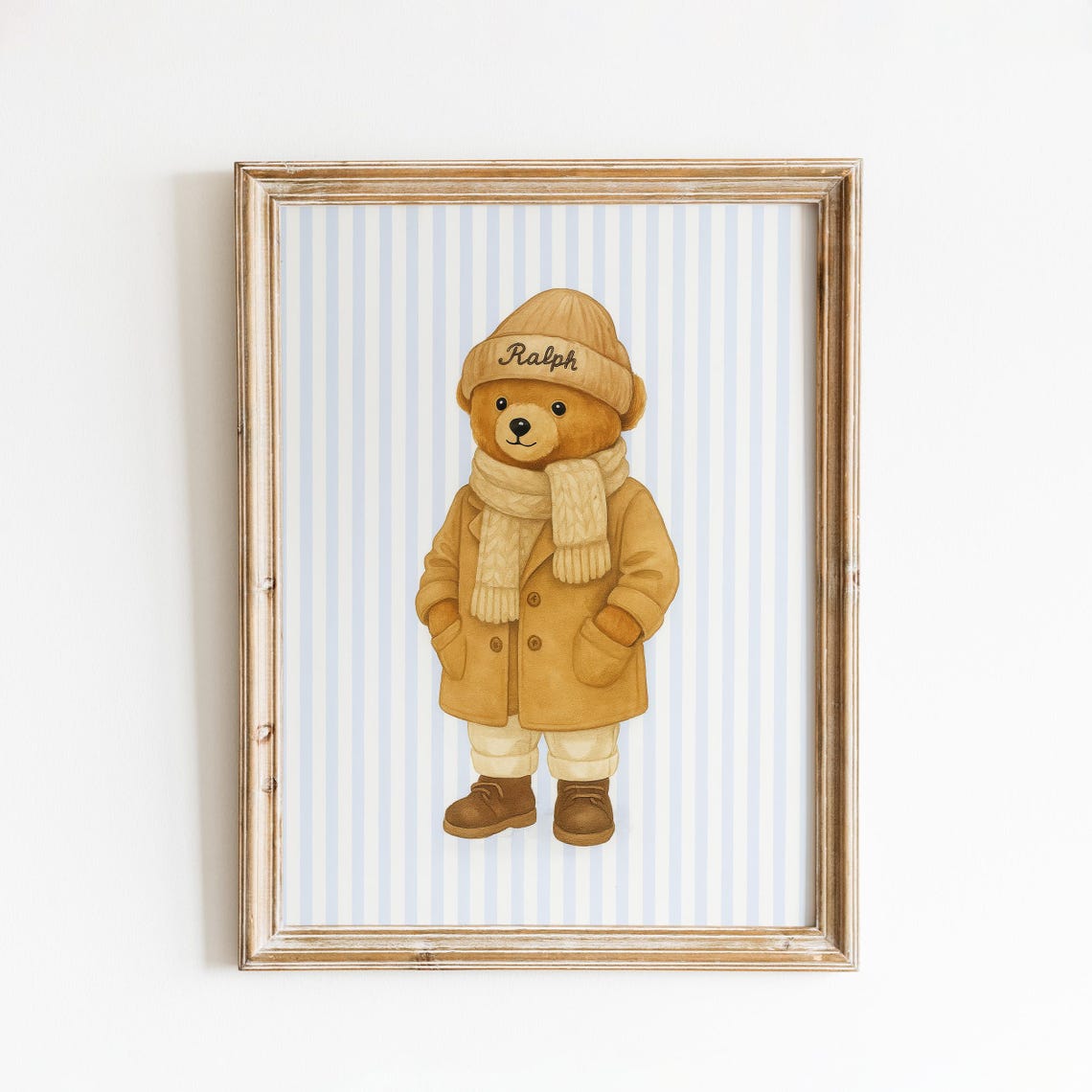 Winter Teddy Bear In Coat Blue Stripe Nursery Wall Art