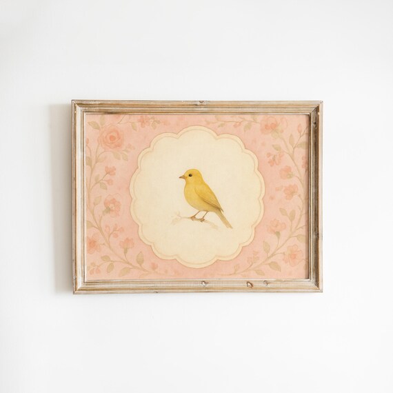 Yellow Canary Bird In Scalloped Frame Vintage Nursery Art Poster