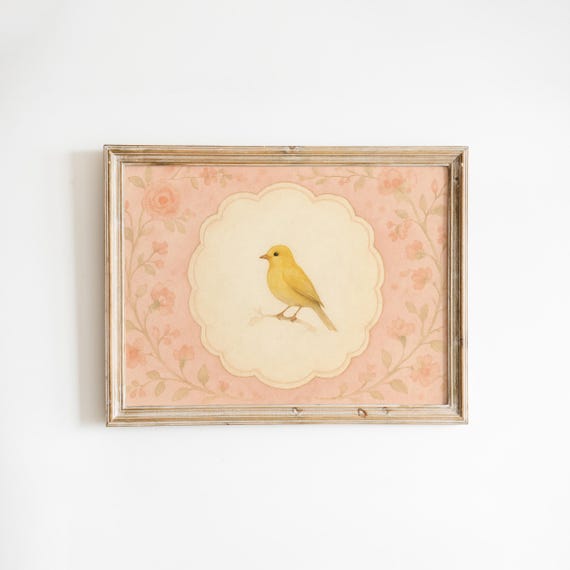 Yellow Canary Bird With Green Floral Border Vintage Nursery Wall Art