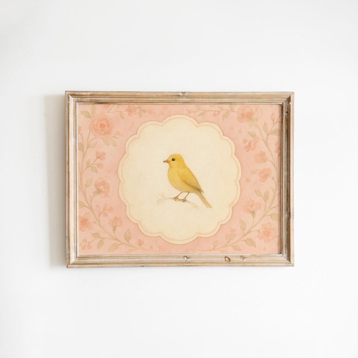 Yellow Canary Bird With Green Floral Border Vintage Nursery Wall Art