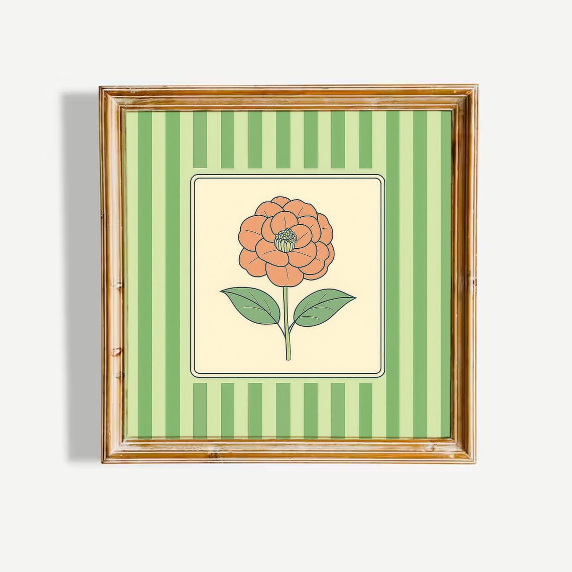 Orange Camellia Vintage Style Flower Poster Green Striped Frame