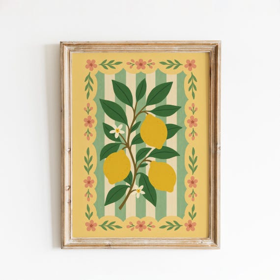 Vintage Lemon Wall Art Folk Style Citrus Fruit Poster For Kitchen Decor