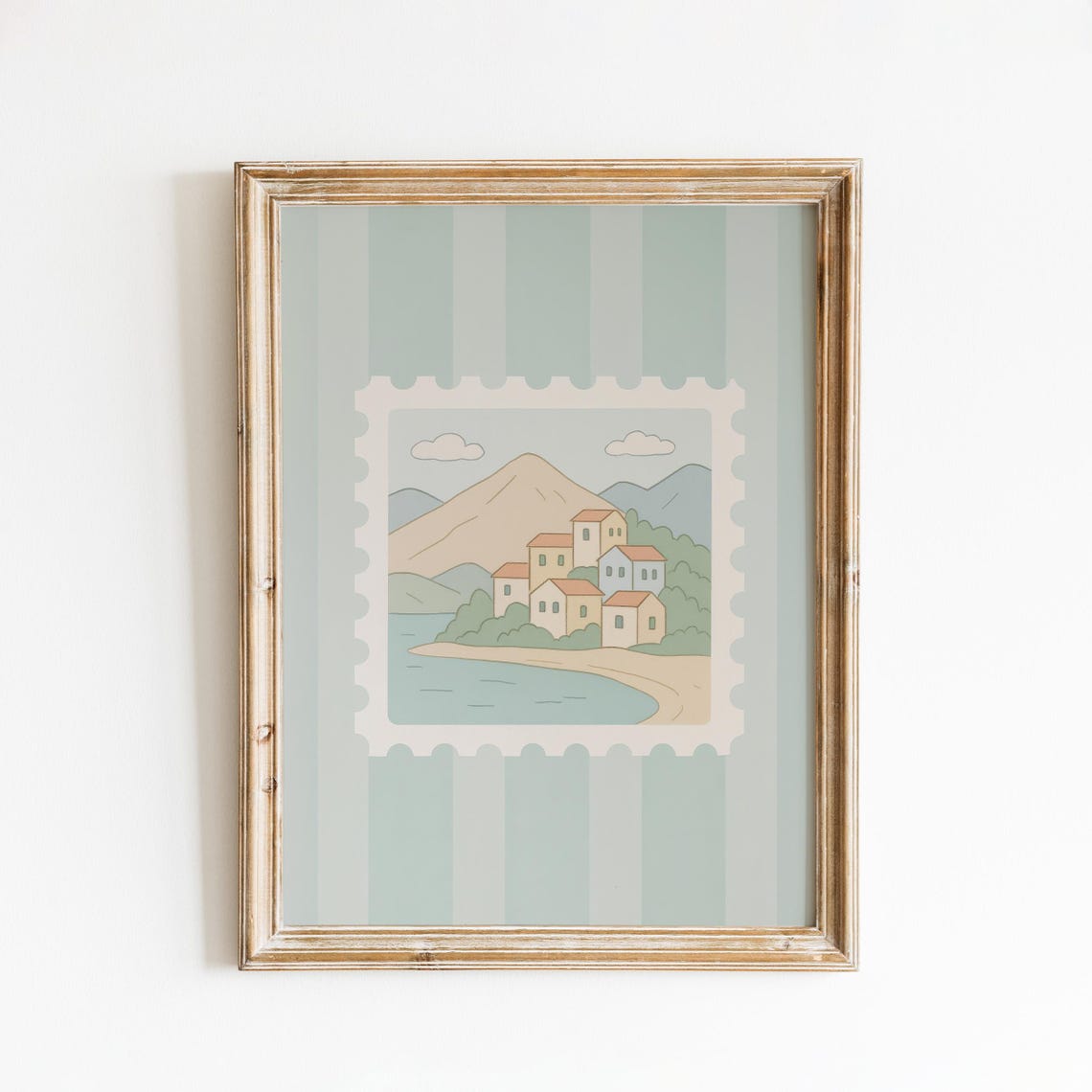 Mediterranean Cliffside Village Hidden Cove Pastel Stamp Poster