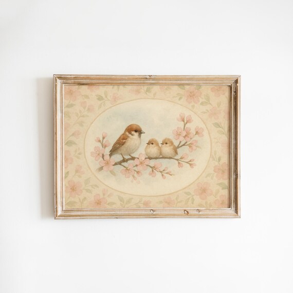 Sparrow Parent With Two Babies Cherry Blossom Oval Nursery Poster