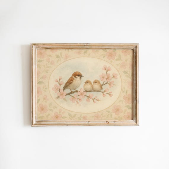 Vintage Baby Bird Nursery Wall Art Soft Pink Blossoms Sparrow Mom Illustration