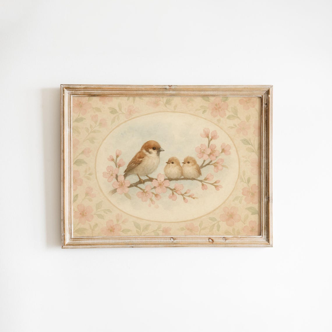 Vintage Baby Bird Nursery Wall Art Soft Pink Blossoms Sparrow Mom Illustration