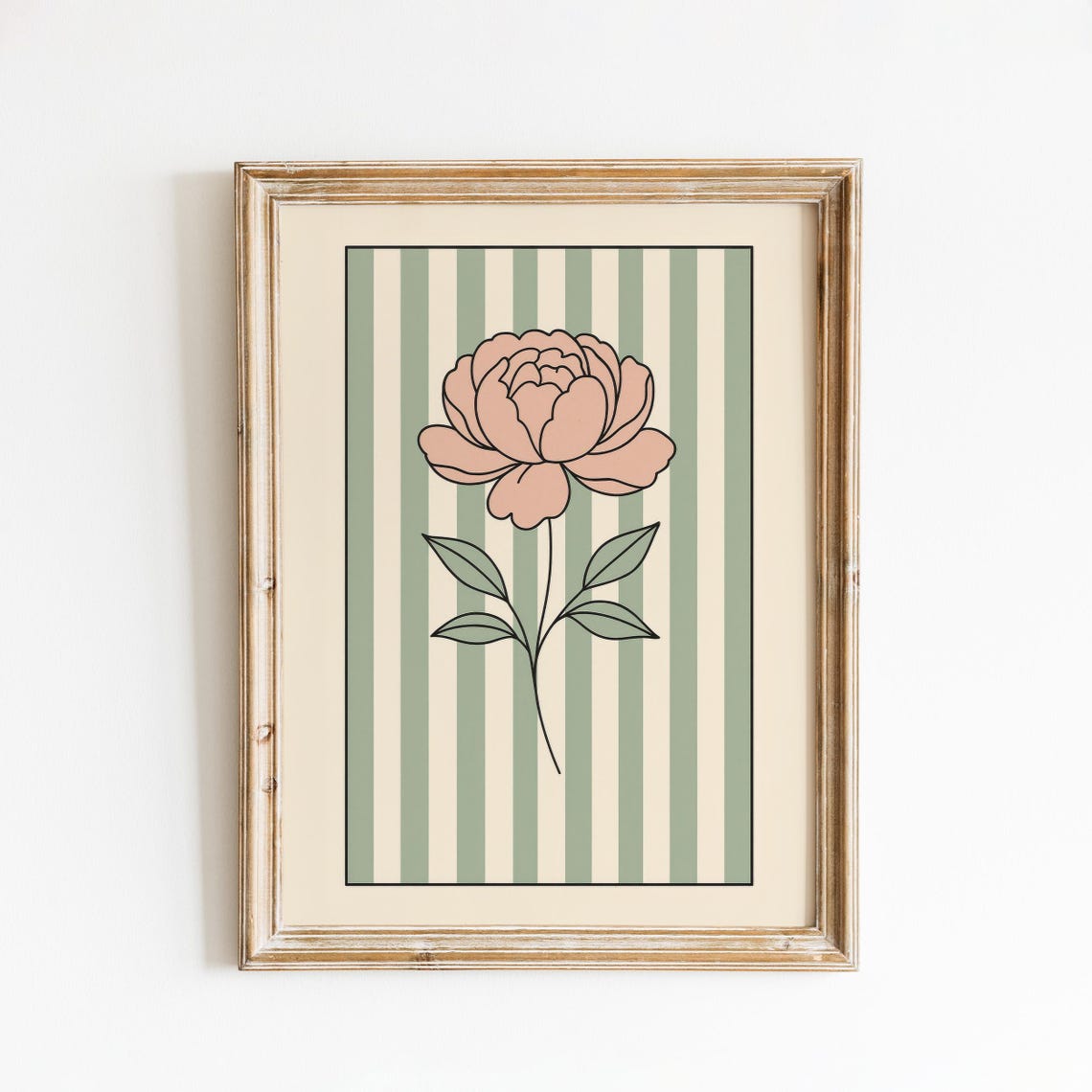Blush Peony Framed Botanical Panel Green Striped Floral Poster