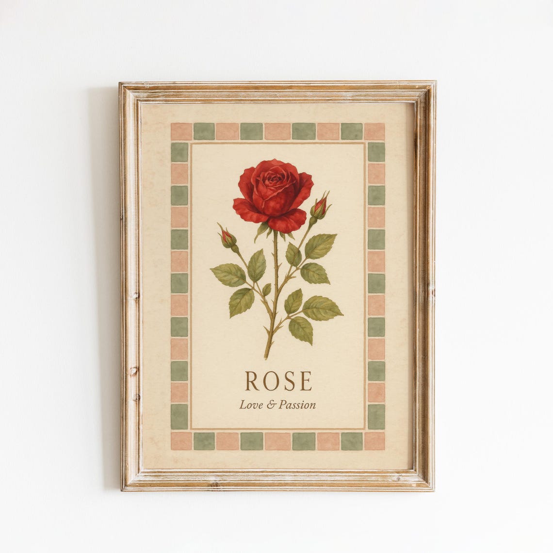 Red Rose Love and Passion Single Stem Botanical Tile Art Poster