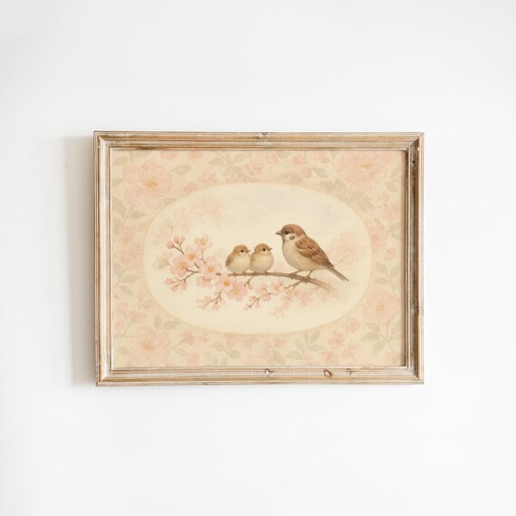 Sparrow Family On Cherry Blossom Branch Oval Nursery Bird Poster