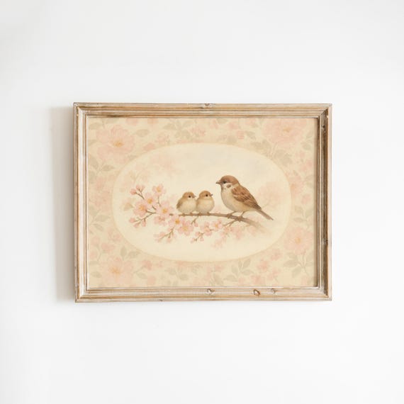 Sparrow Family Wall Art Vintage Nursery Print With Cherry Blossoms