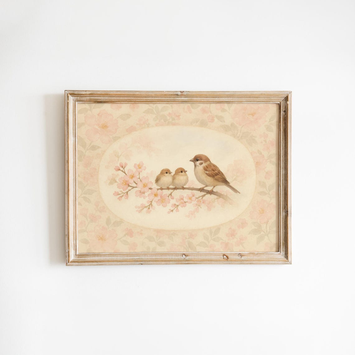 Sparrow Family On Cherry Blossom Branch Oval Nursery Bird Poster