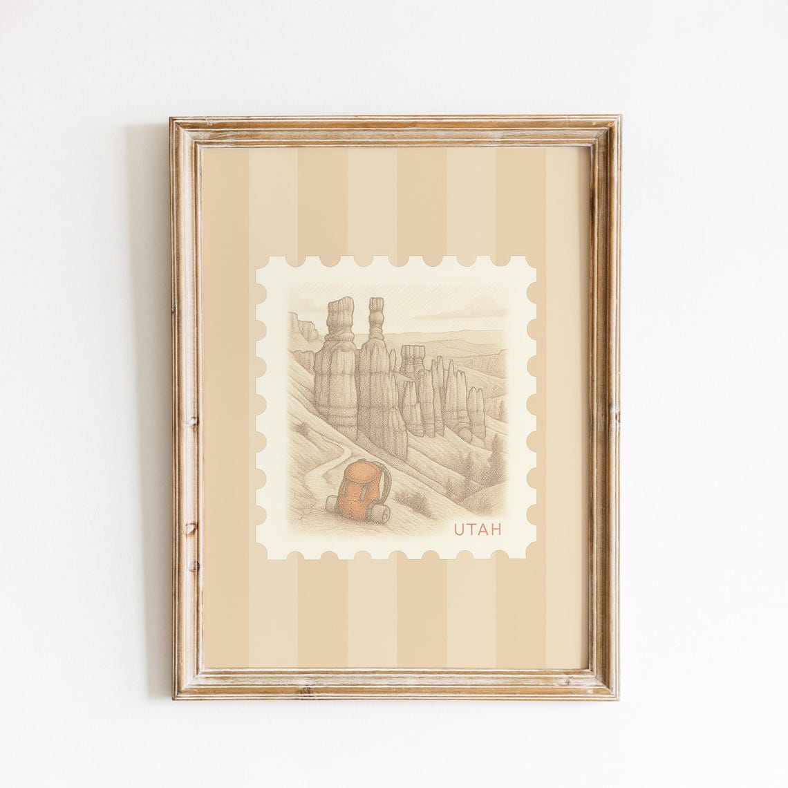 Utah Canyon Hiking Scene Beige Striped Wall Art Print