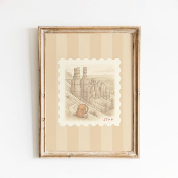 Utah Canyon Hiking Scene Beige Striped Wall Art Print
