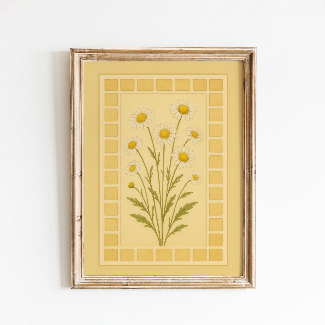 Yellow Daisy Botanical Tile Border Vintage Folk Floral Wall Poster
