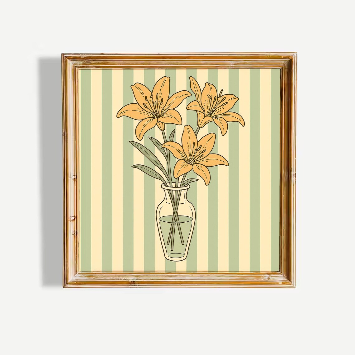 Vintage Lily Bouquet In Vase Green Striped Floral Art Poster