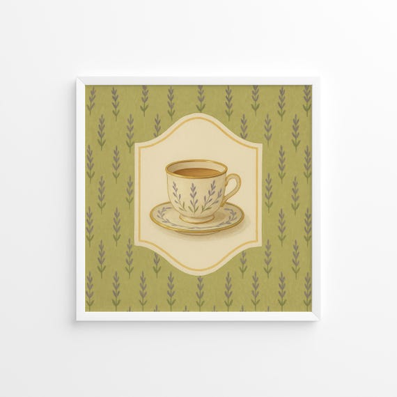 Lavender Teacup Poster Sage Ivory Version Vintage Botanical Tea Wall Art